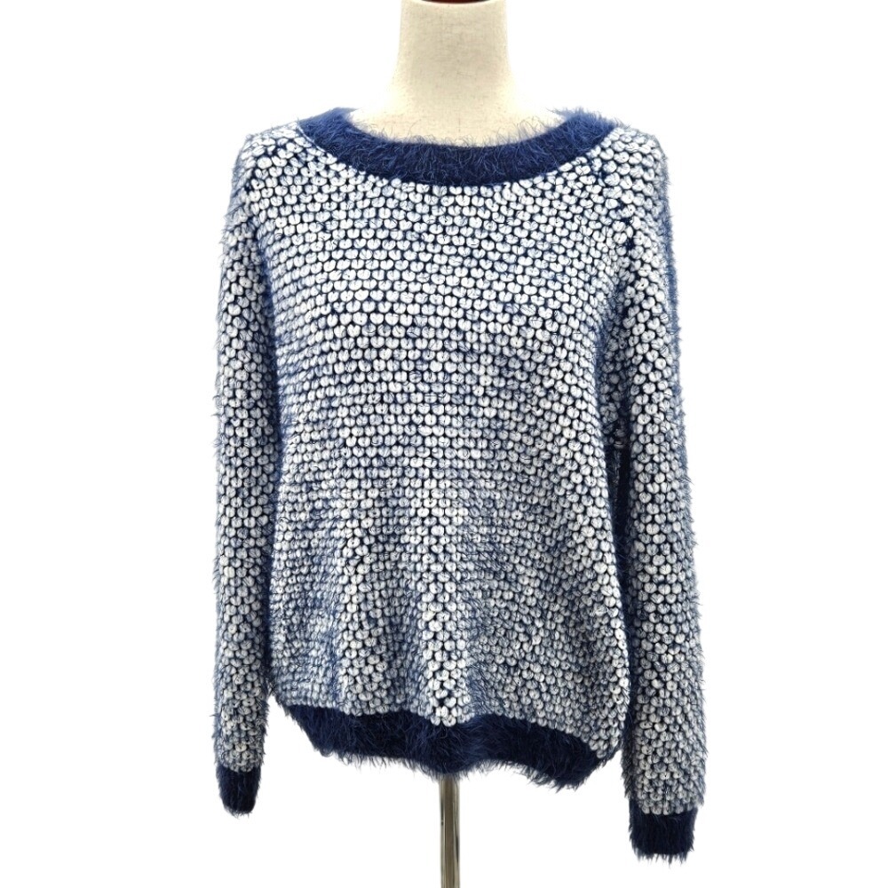 Molly Bracken Fuzzy Knit Sweater‎ Blue White Textured Keyhole Back Women's